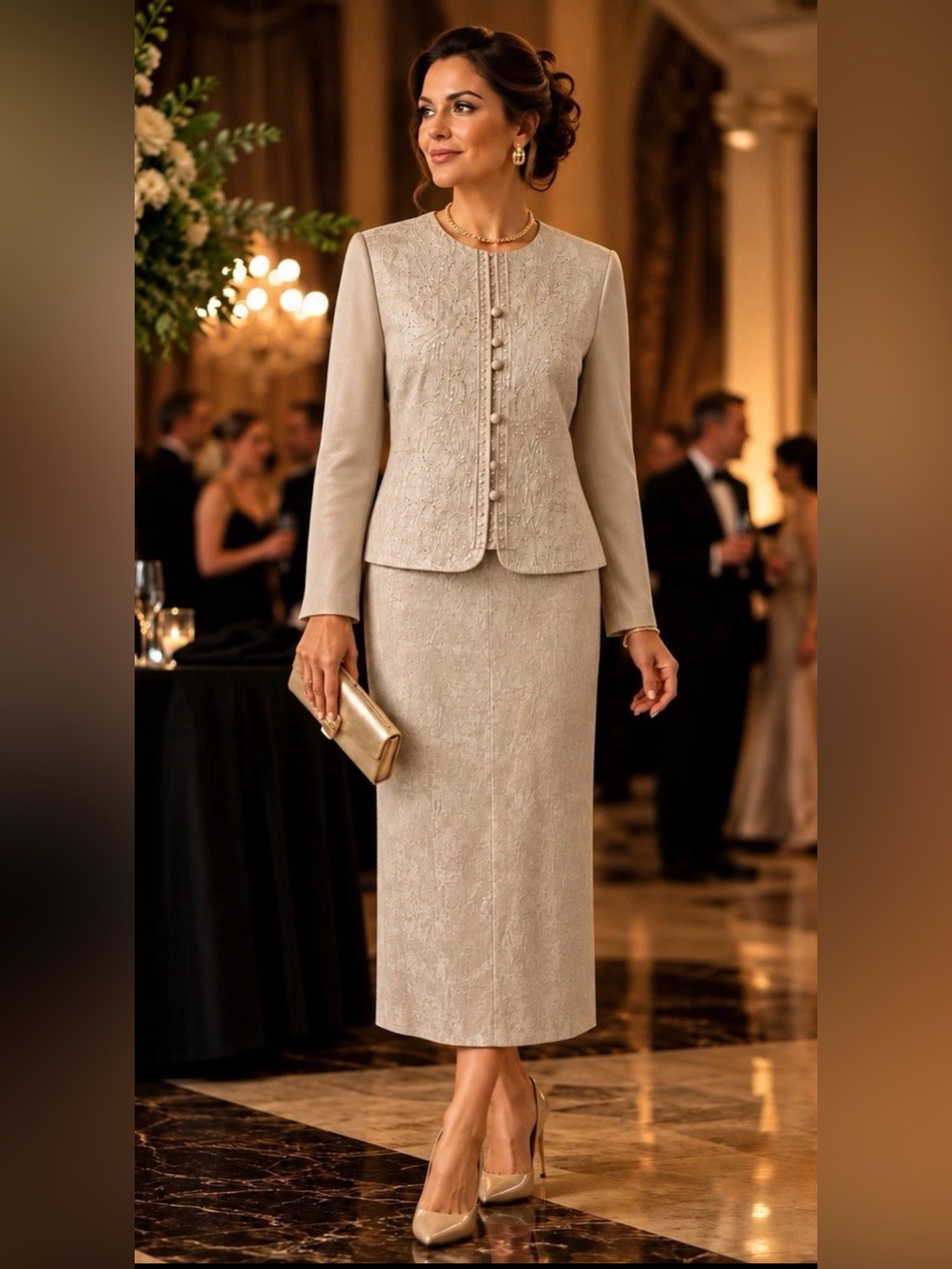 Adrianna Papell 100% Silk Skirt Suit 6/8 Champagne Embroidered Formal